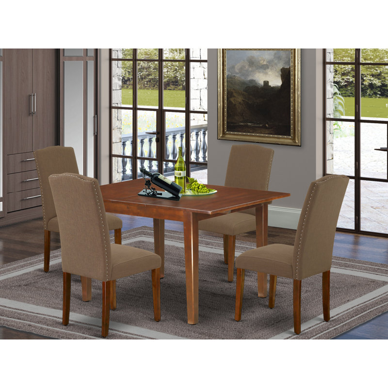 5 Piece Modern Dining Table Set Includes a Rectangle Wooden Table with Butterfly Leaf and 4 Dark Coffee Linen Fabric Parsons Chairs, Mahogany