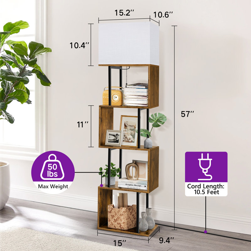 Codrina 59" Bookcases with LED Light and Remote Control, 3 Colour Temperature Column Floor Lamp, Rustic Brown/Black