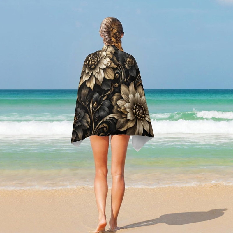 Serviette de plage florale dorée et noire, serviette légère en microfibre à séchage rapide sans sable 30 x 63 po pour piscine, plage, douche, source chaude, yoga, voyage