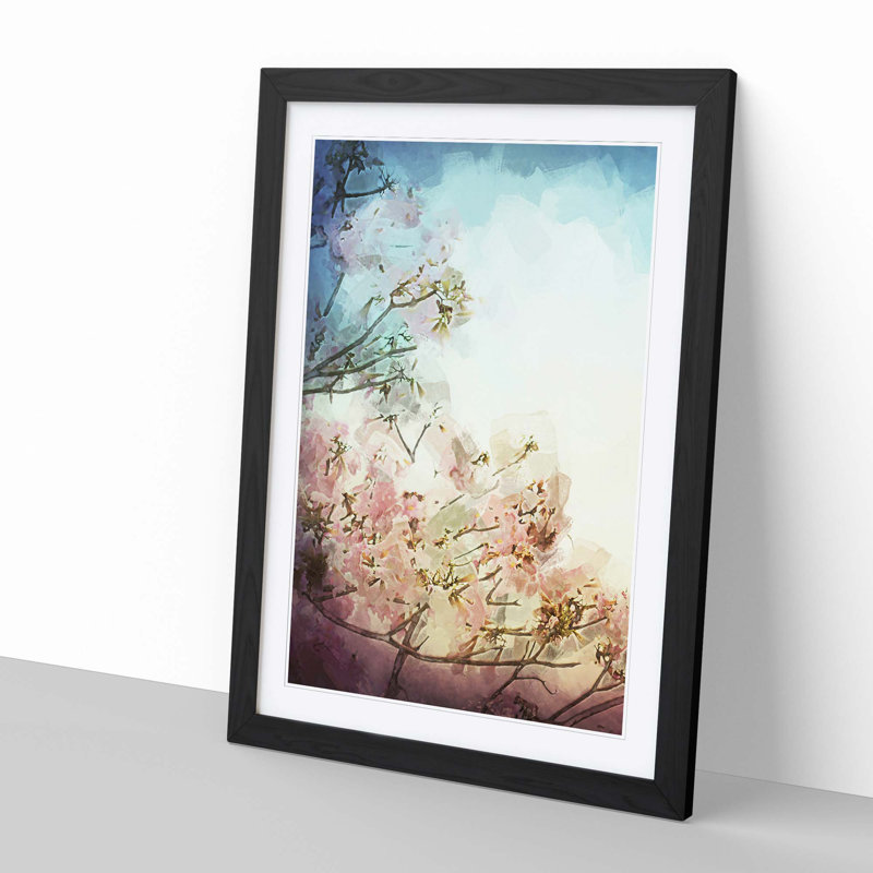 Pretty Pink Cherry Blossom Tree in Abstract - Picture Frame Graphic Art Print, 50cm H x 35cm W x 2cm D, Black