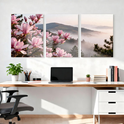 Ensemble de 3 toiles murales représentant des fleurs de magnolia rose et un paysage de montagne, pour la décoration du salon, de la chambre ou du bureau.