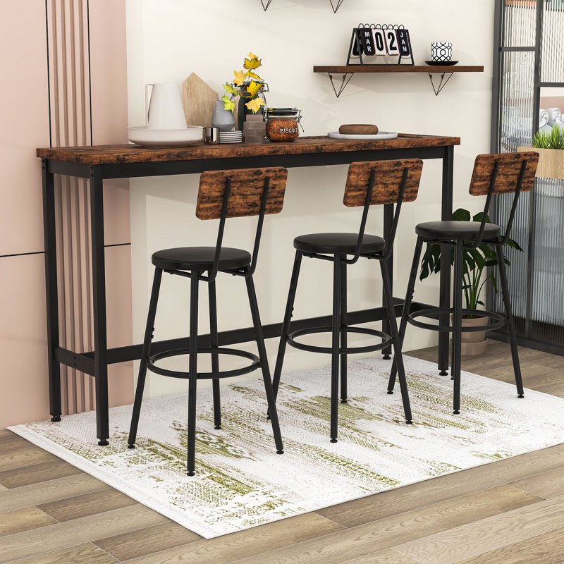 Ensemble de table de salle à manger long 4 pièces avec 3 tabourets rembourrés en polyuréthane, Brun rustique / noir