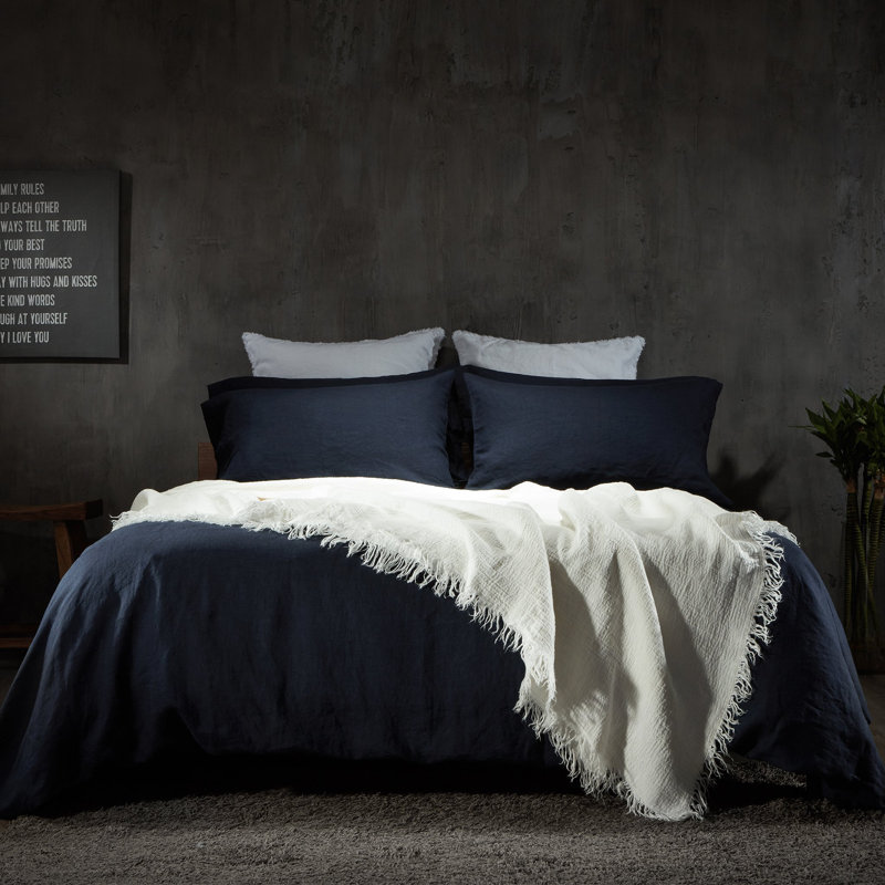 Ensemble de literie en lin, Ensemble de draps pour très grand lit avec 2 taie, Bleu foncé