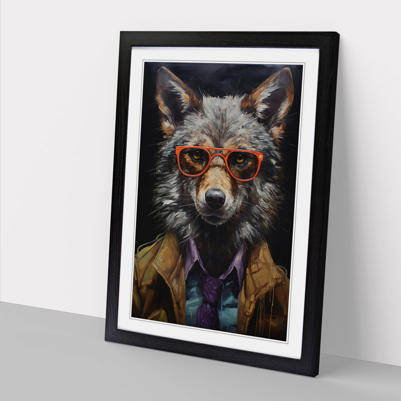 XYZ-FRM-V1223-1705 Wolf With Glasses Painting No.2 - Single Picture Frame Print on Wood, 46cm H x 34cm W x 2cm D, Black