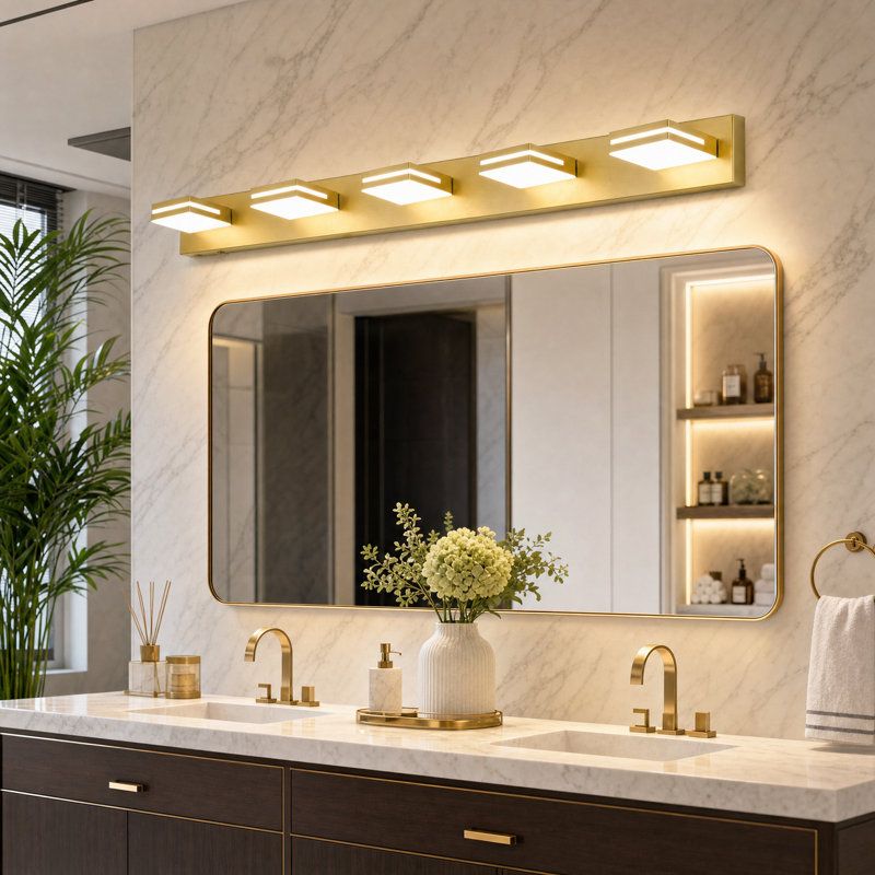 Lumières de meuble-lavabo modernes à DEL à intensité variable pour miroir, Or brossé, 5 lumières
