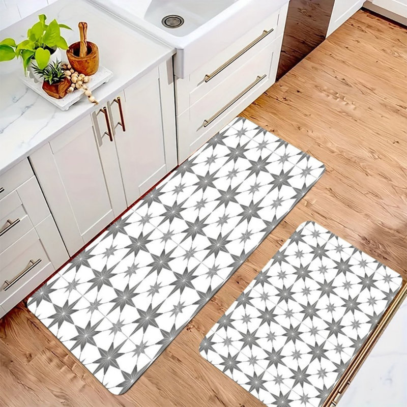 Tapis de cuisine gris et blanc à carreaux étoilés, 2 pièces, pour la cuisine et la salle de lavage