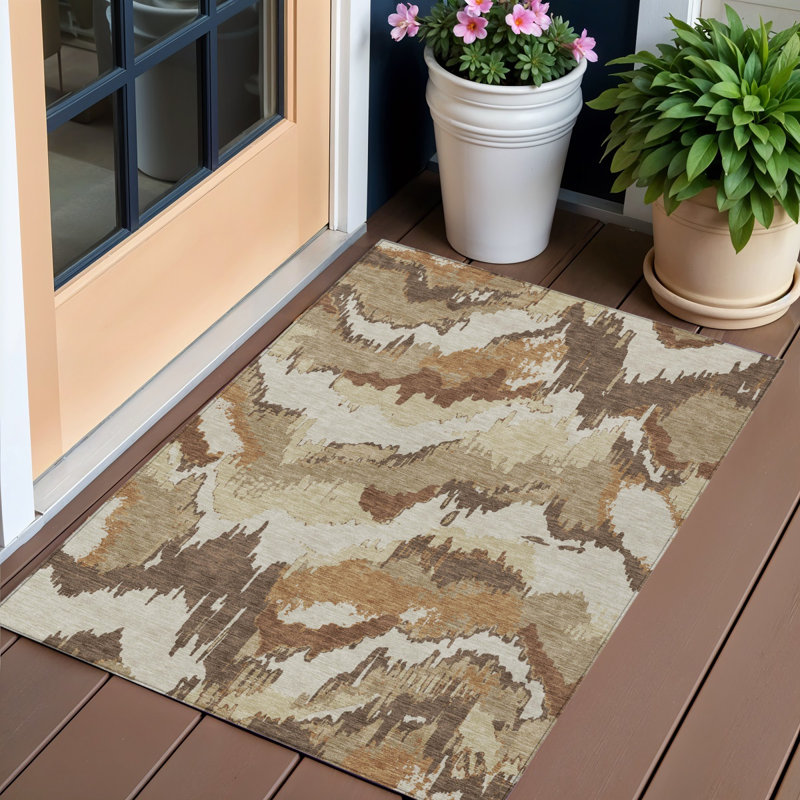Tapis d'extérieur lavable abstrait brun et beige 3 pi x 5 pi