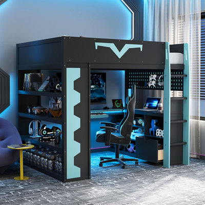 Lit mezzanine double avec bureau intégré et lumières à DEL RVB, lit Pro-Gamer avec prise de courant, grande bibliothèque, panneau perforé, plateau à clavier et tiroir de rangement, 3 couleurs disponibles, bleu