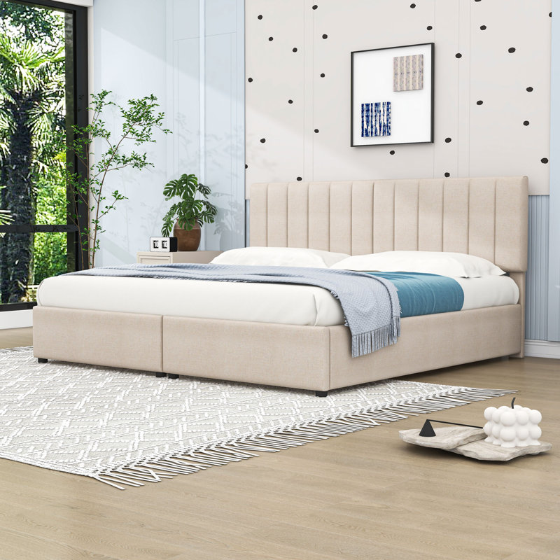 Lit plateforme tapissier très grand en lin avec rangement hydraulique et tête de lit à rayures verticales, Beige