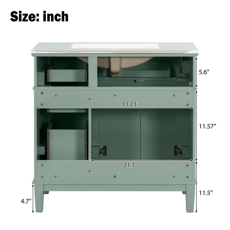 Meuble-lavabo 36 po avec lavabo en céramique, tiroir escamotable et portes à fermeture en douceur - avec poignées dorées