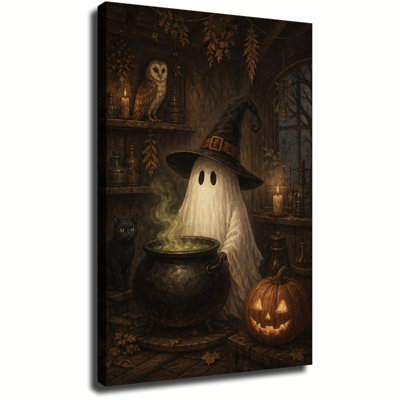 Tableau sur toile représentant une sorcière fantôme pour l'Halloween, un magicien fantôme avec un chaudron, un chat noir et un hibou. Décoration murale d'automne rustique et vintage pour chalet.