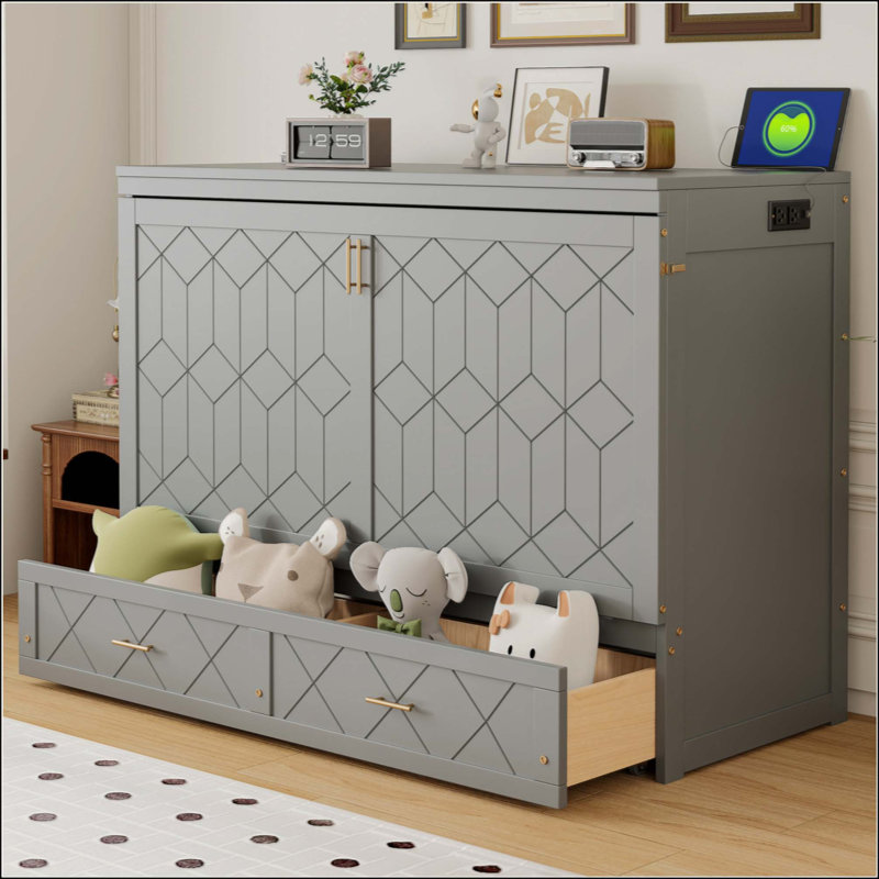 Lit escamotable mural Murphy avec tiroir et ensemble de prises et ports USB, Gray