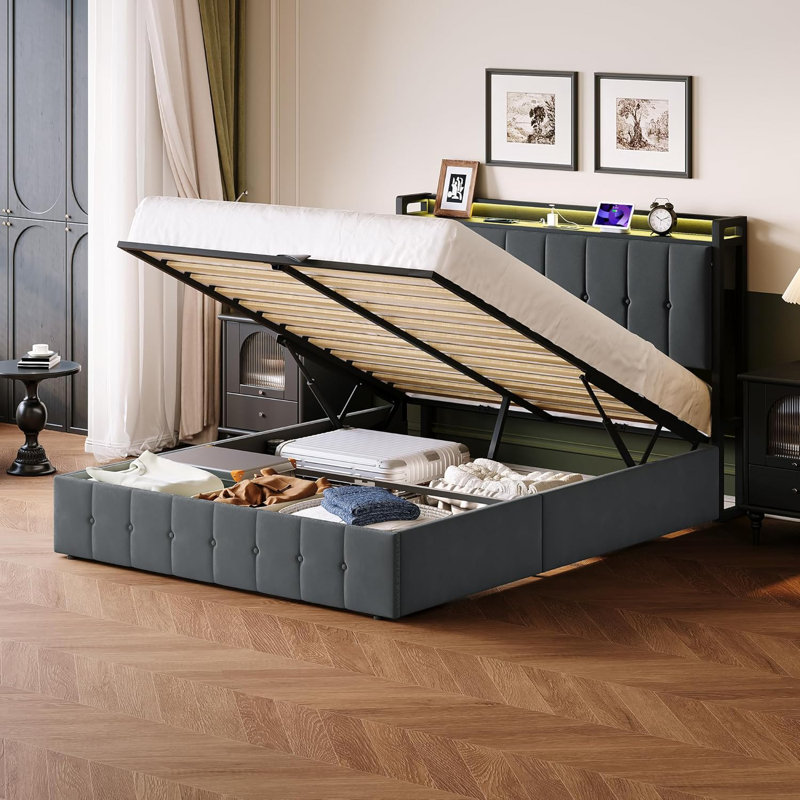 Structure de lit de rangement relevable, lit plateforme en métal avec tête de lit, support de lattes de bois, aucun sommier requis