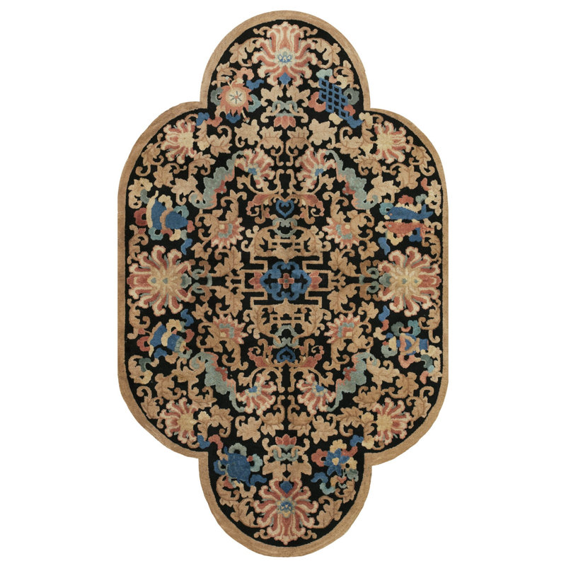 Tapis antique noir et multicolore en laine Art Deco