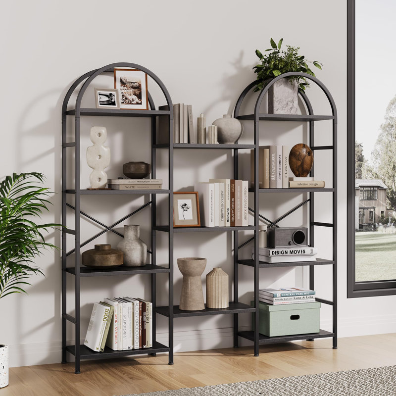 Triple 4 Tier Arched Bookshelf, Large Open Display Bookcase with 11 Shelves, Metal Frame & Wood Shelves, Wide Tall Standing Storage Rack for Living Room, Bedroom, Home Office