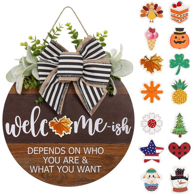 Interchangeable Welcome Sign with Seasonal Wreath for Front Door, Year Round Home Decor