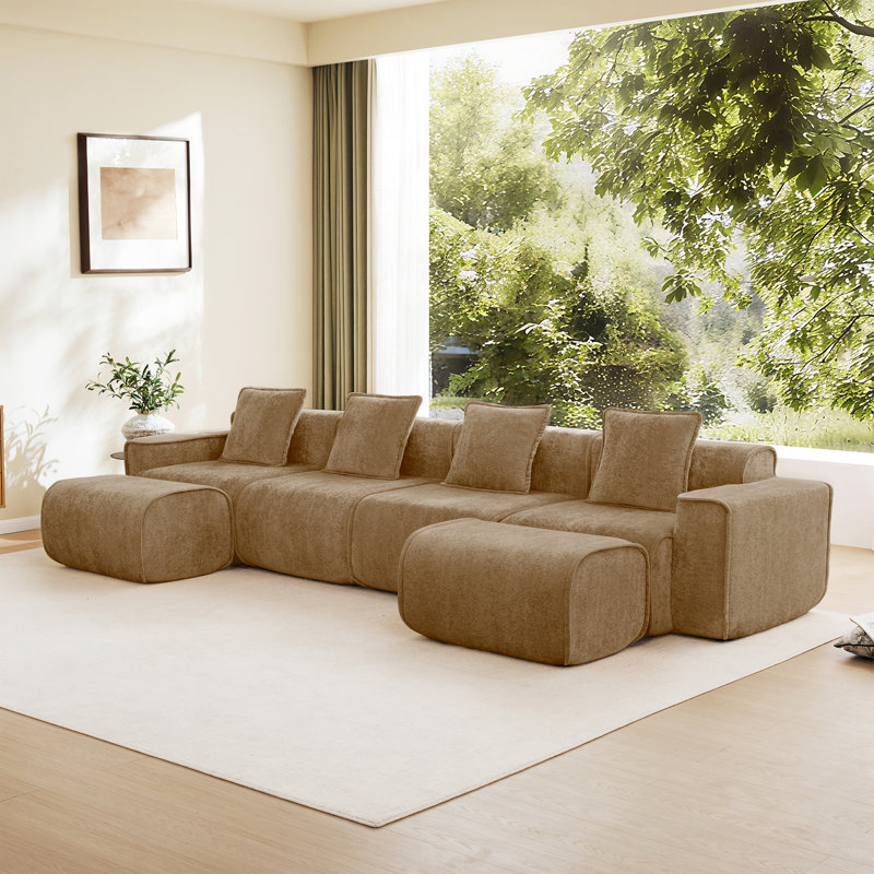 U-Shaped Velvet Sectional Sofa with Throw Pillows & Ottomans