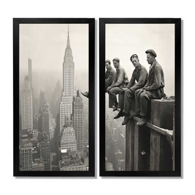 «Vintage New York Empire State Building ouvriers - New York, reproduction d'art sur toile encadrée, paysages urbains noirs, 2 pièces