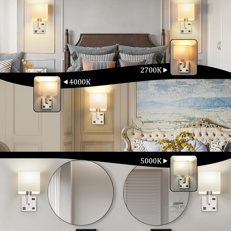 Bedroom Sconces Set of 2, Wall Mounted Bedside Lamps with USB Port, AC Outlet and 3 Colour Selectable