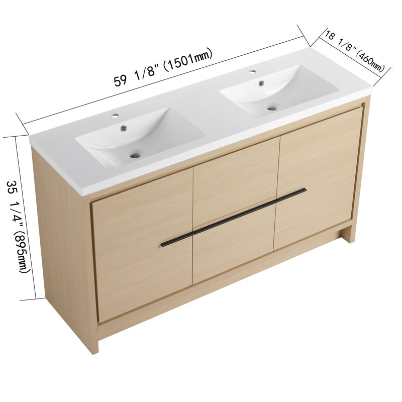 60" Freestanding Bathroom Vanity With 2 Resin Sinks,Floor Standing Vanity With 2 Doors,2 Shelves And 2 Drawers