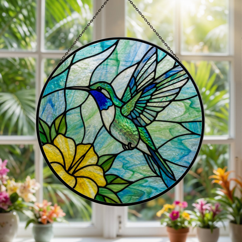 Panneau de vitrail 12 "Hummingbird Flower, 12" H x 12" W