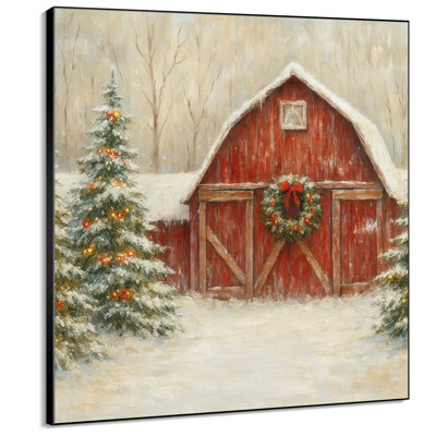 Très grand art mural imprimé sur toile - décoration de salon de Noël en forme de grange enneigée - cadre à assembler requis (cadre non fini)