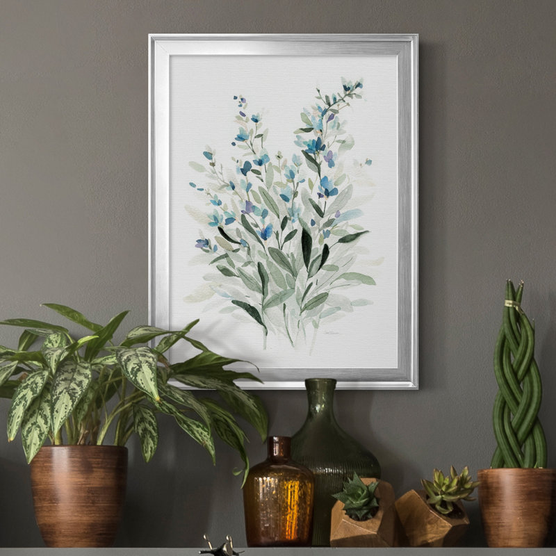 «Delicate Blue Botanical I», peinture sur toile encadrée, H 18,5 po x l 24,5 po x P 1,5 po, Cadre argenté