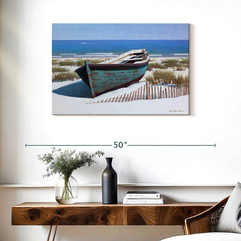 Mehar, bateau bleu sur la plage, H 24 po x l 36 po