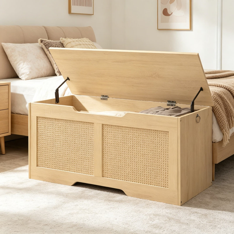 Storage Bench with Toy Box, 43.3-Inch Rattan-Like Storage Chest, Sturdy Entryway Bench Supports 220 lb, Safety Hinge with U-Shaped Opening, Easy Assembly, Natural