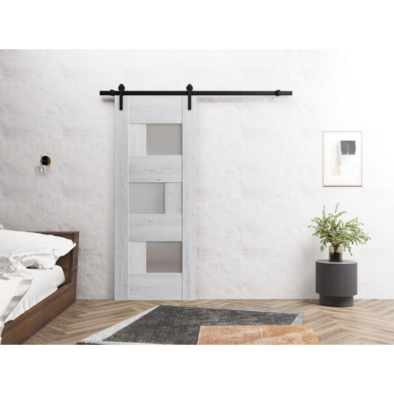 Porte de grange robuste Sete | Avec verre givré | Ensemble de quincaillerie lourde 6,6 pi | Portes intérieures solides, Blanc