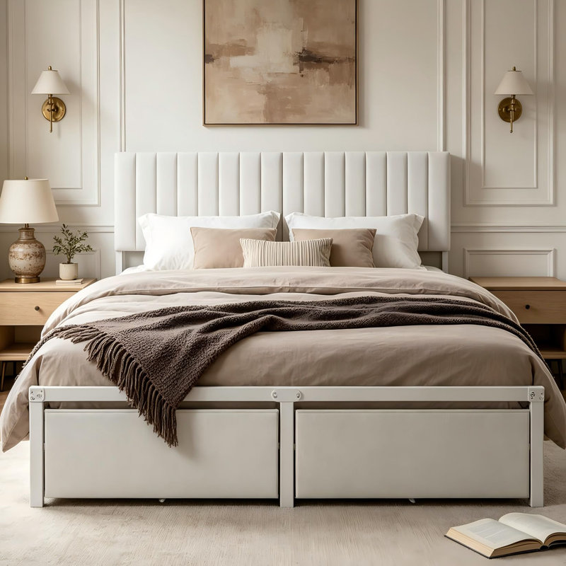 Queen Size Bed Frame with Storage Drawer & Headboard, Beige