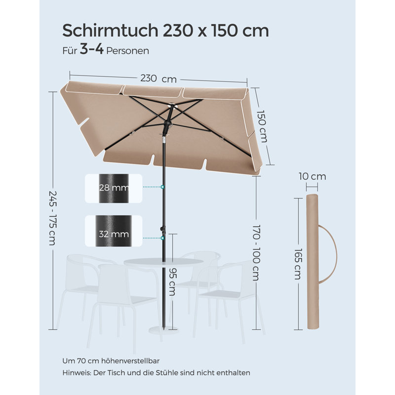 Burdzel Rectangular Market Parasol, Taupe, 245cm H x 230cm W x 150cm D