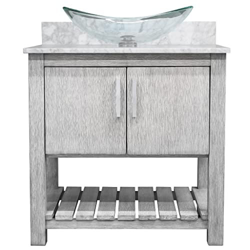 Meuble-lavabo gris de 36 pouces avec comptoir en marbre de Carrare, lavabo vasque en verre, miroir et quincaillerie en nickel brossé