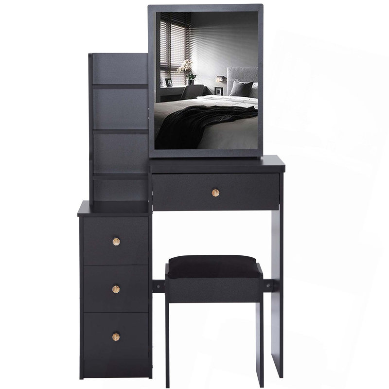 Petite coiffeuse avec table de chevet gauche + tabouret rembourré, très grand miroir coulissant, Noir, noir, noir, noir