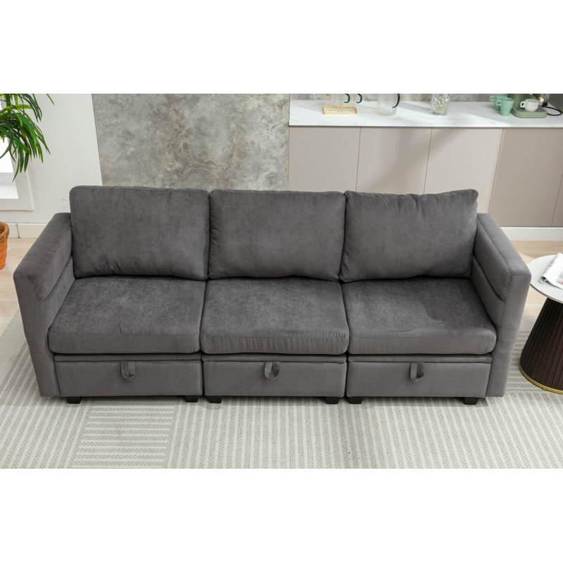 Calkins 3-seats Modular Sofa With Storage, Adjustable Arms, Gray