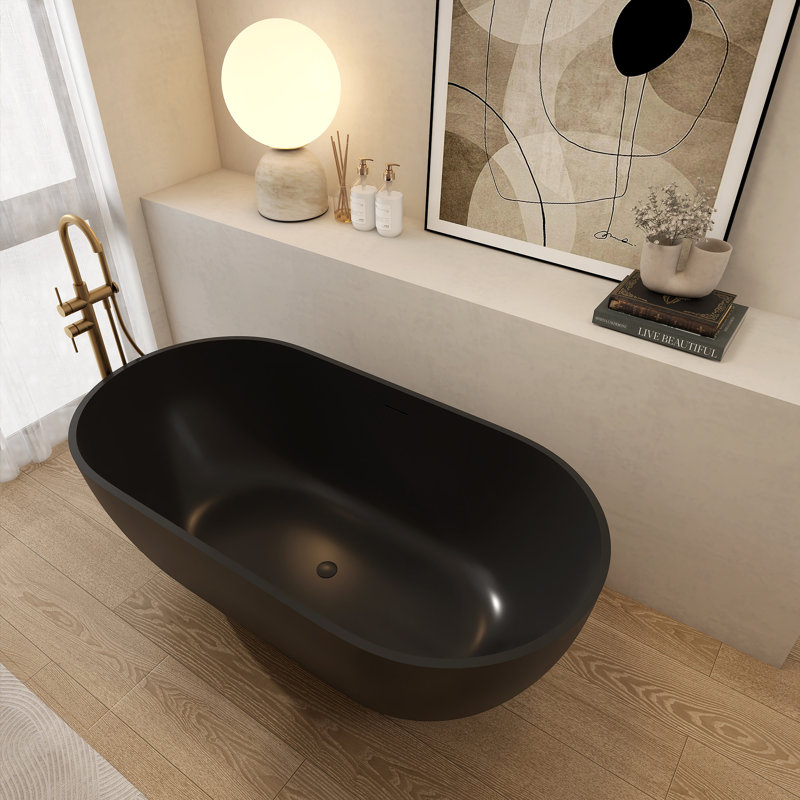 Oval Solid Surface Bathtub, Freestanding Soaking Bathtub, Matte Black