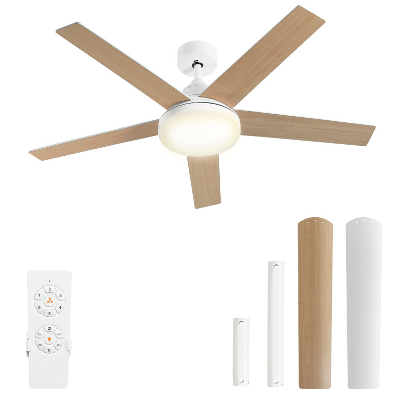 52" 5 - Blade Ceiling Fan With Light & Remote Control, Natural Wood, White