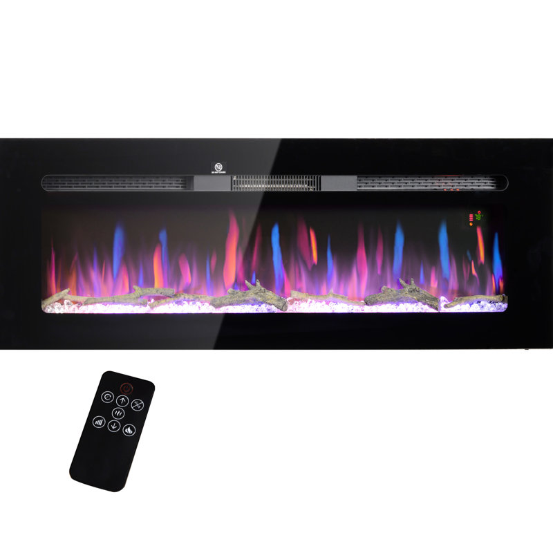 Foyer électrique 50 po, minuterie 8H, chauffage 1500W, flamme réglable, bûche et cristal, acier noir, P 6,2 po x l 50 po H 17,7 po, télécommande silencieuse, chauffage, luminosité de la flamme, 17,7 po