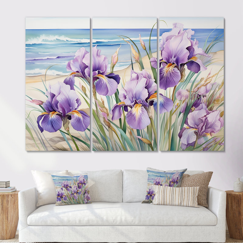 Iris mauves sur la plage - ensemble d'art sur toile Iris, Toile tendue, H 40 po x l 60 po x P 1 po