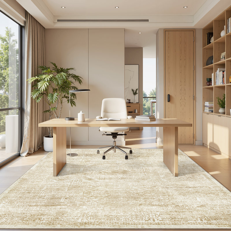 Tapis persan lavable délavé, Beige, Rectangle 5 pi x 7 pi