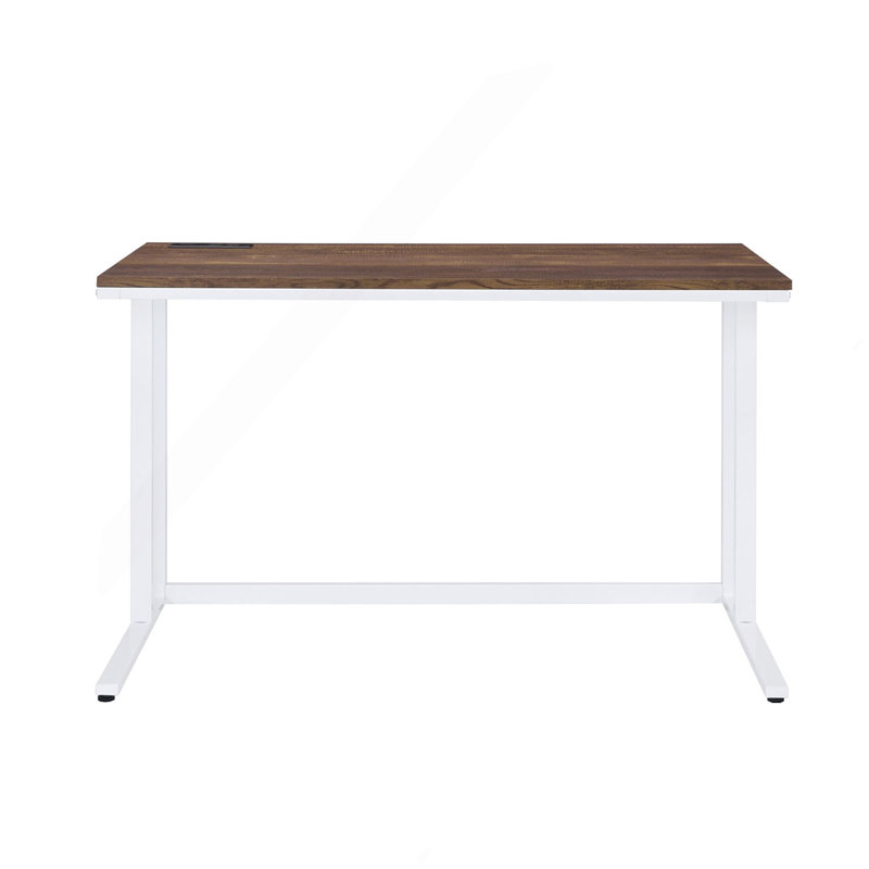 Bureau d'écriture rectangulaire avec port USB et prise, noyer et blanc