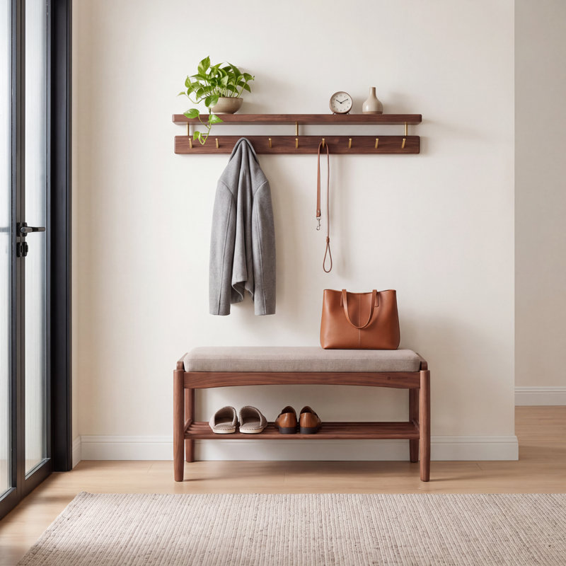 31.5"W 9-hook Slim Black Walnut Wall Hooks, 31.5, Walnut