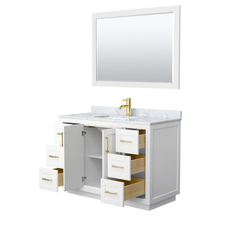 Miranda 48" Freestanding Single Bathroom Vanity with Marble Top with 46" Mirror, White, Brushed Gold