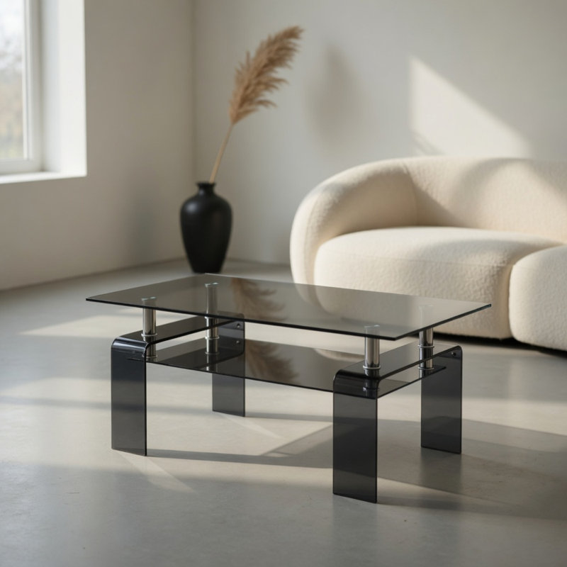 Table basse en verre trempé, table basse moderne en verre pour le salon, table basse à 2 niveaux avec pieds de fumée