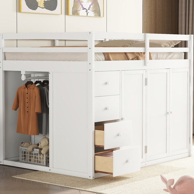 Lit mezzanine double en blanc avec de grands compartiments de rangement - Organisez vos tiroirs de chambre à coucher de conception moderne