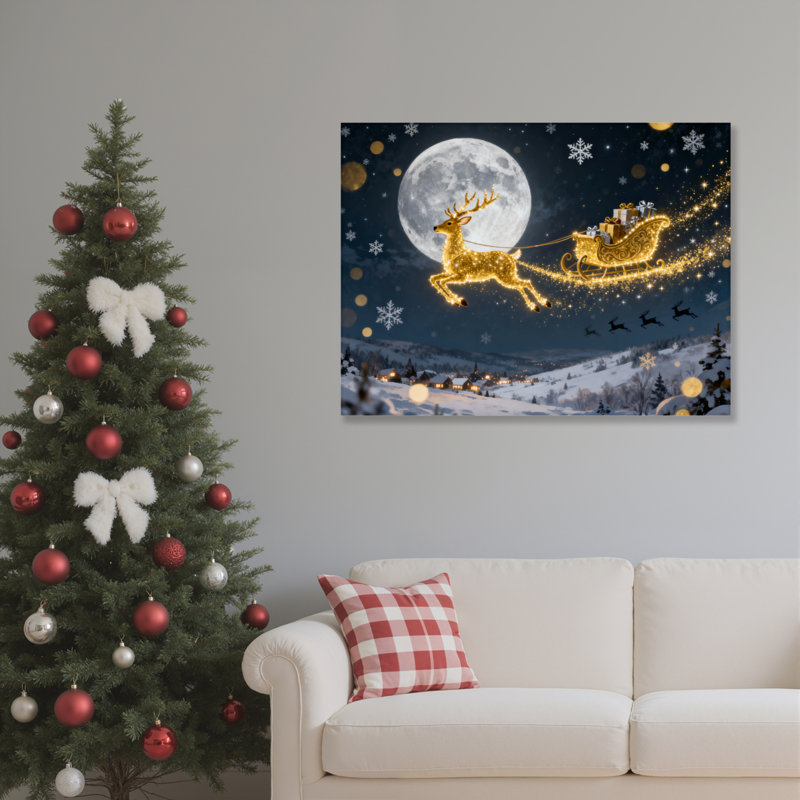 Tableau sur toile tendue représentant un renne doré et son traîneau, avec lune et flocons de neige, scène de Noël (lot de 1)