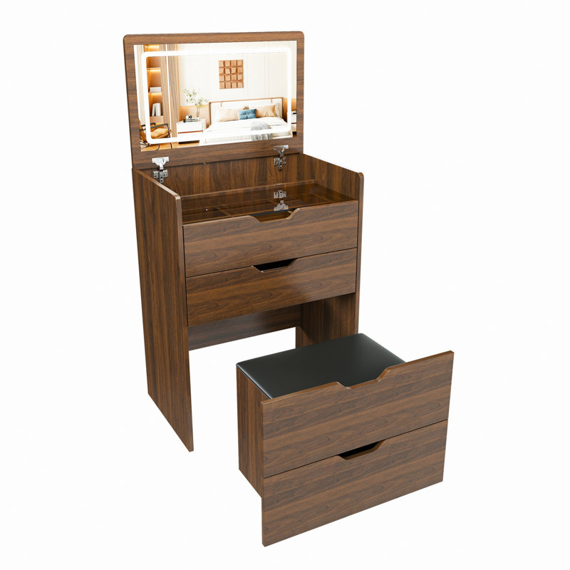 Bureau de coiffeuse avec miroir éclairé et un tabouret, table de maquillage à dessus rabattable pour la chambre à coucher
