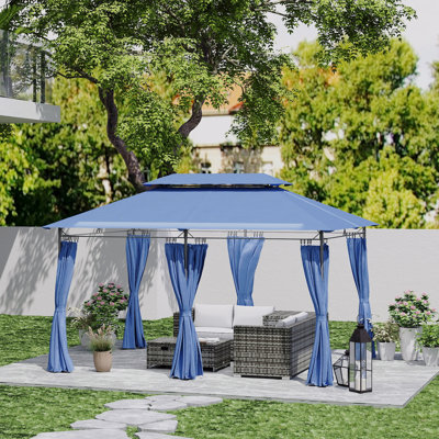 Pavillon de jardin d'extérieur à double toit avec rideaux et structure en métal Outsunny 10 pi x 13 pi pour le jardin, la pelouse, la cour et la terrasse, bleu foncé