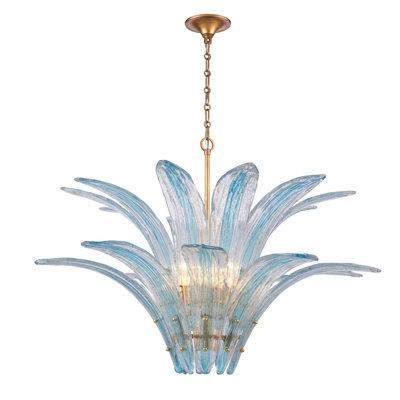 Luminaire suspendu 39,5 po Fiore en feuille d'or antique avec verre bleu des Caraïbes texturé