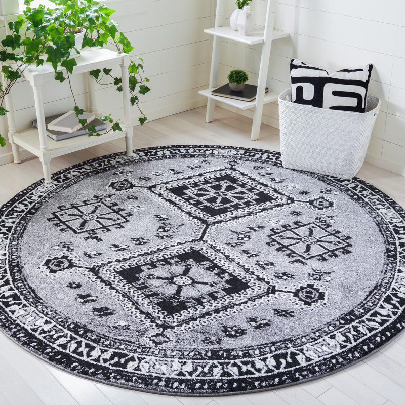 Tapis gris / noir Southwestern, Rond 6 pi 7 po